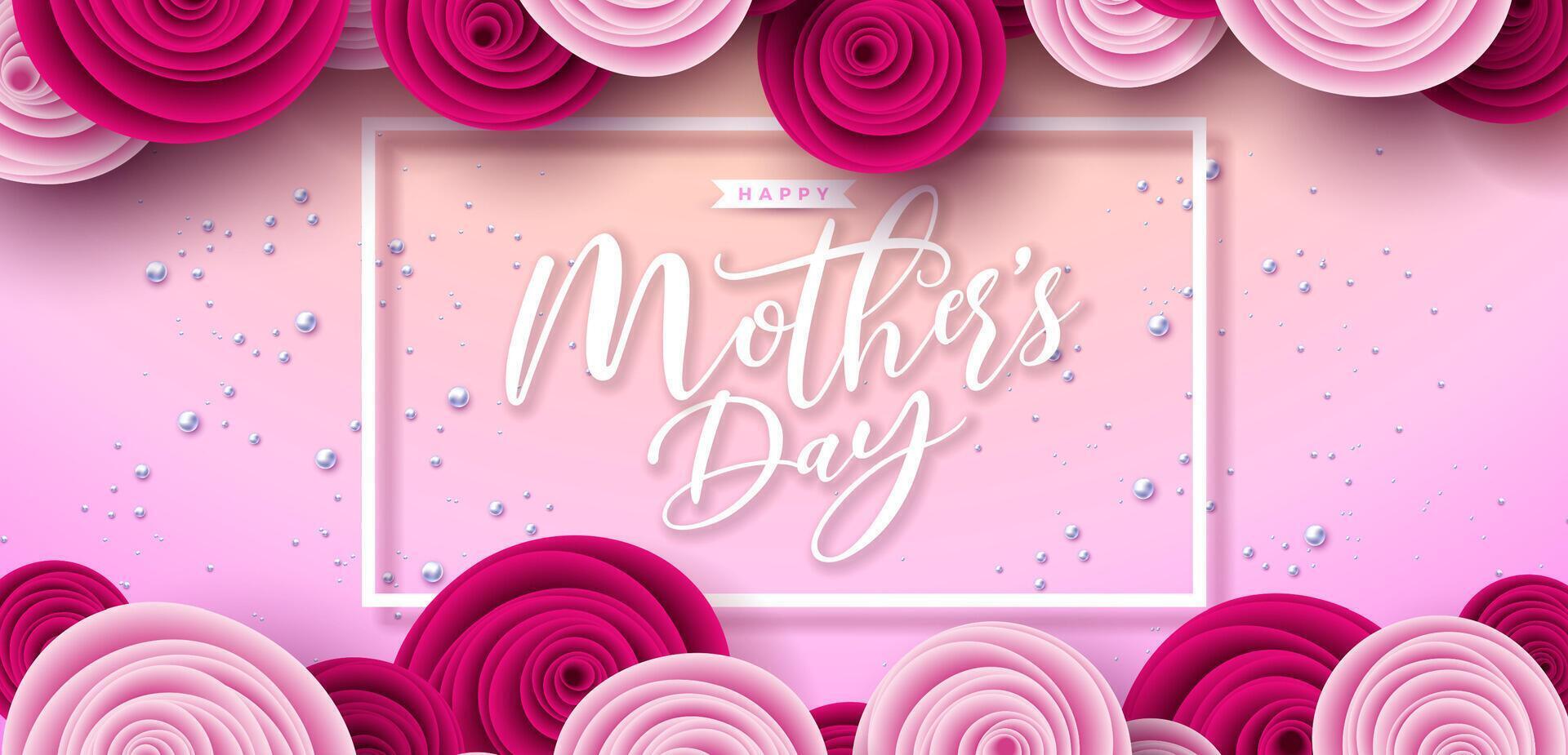 Happy Mother's Day Banner or Postcard with Paper Hearts and Rose Flower on Pink Background. Vector Mom Celebration Design with Symbol of Love for Greeting Card, Flyer, Invitation, Brochure, Poster.