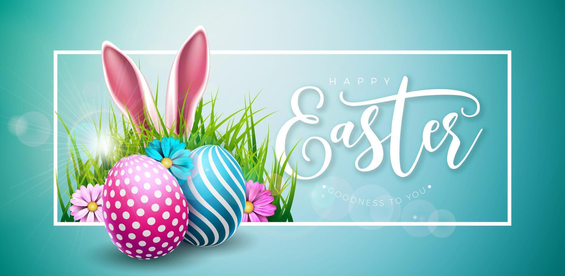 Vector Illustration of Happy Easter Holiday with Flower, Painted Egg and Rabbit Ears on Blue Background. International Religious Celebration Design with Typography Letter for Greeting Card or Banner