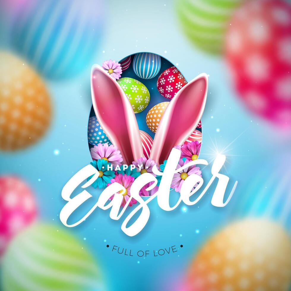 Happy Easter Holiday Design with Flower, Blurred Painted Egg and Rabbit Ears on Blue Background. Vector Illustration of International Religious Celebration with Typography for Greeting Card or Banner.