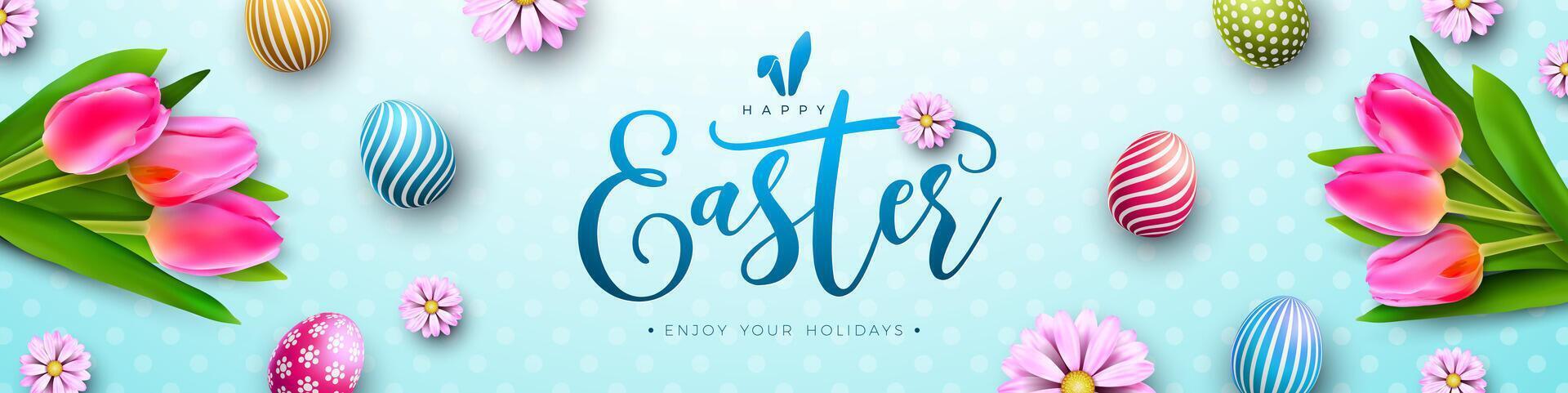 Happy Easter Holiday Design with Painted Egg and Spring Tulip Flower on Nature Blue Background. International Religious Vector Celebration Banner Illustration with Typography for Greeting Card or