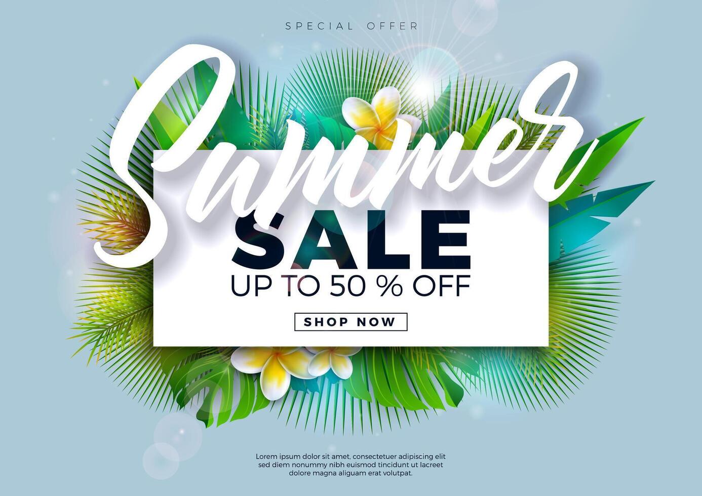 Summer Sale Design with Flower and Exotic Palm Leaves on Blue Background. Tropical Vector Special Offer Illustration with Typography Letter for Coupon, Voucher, Banner, Flyer, Promotional Poster