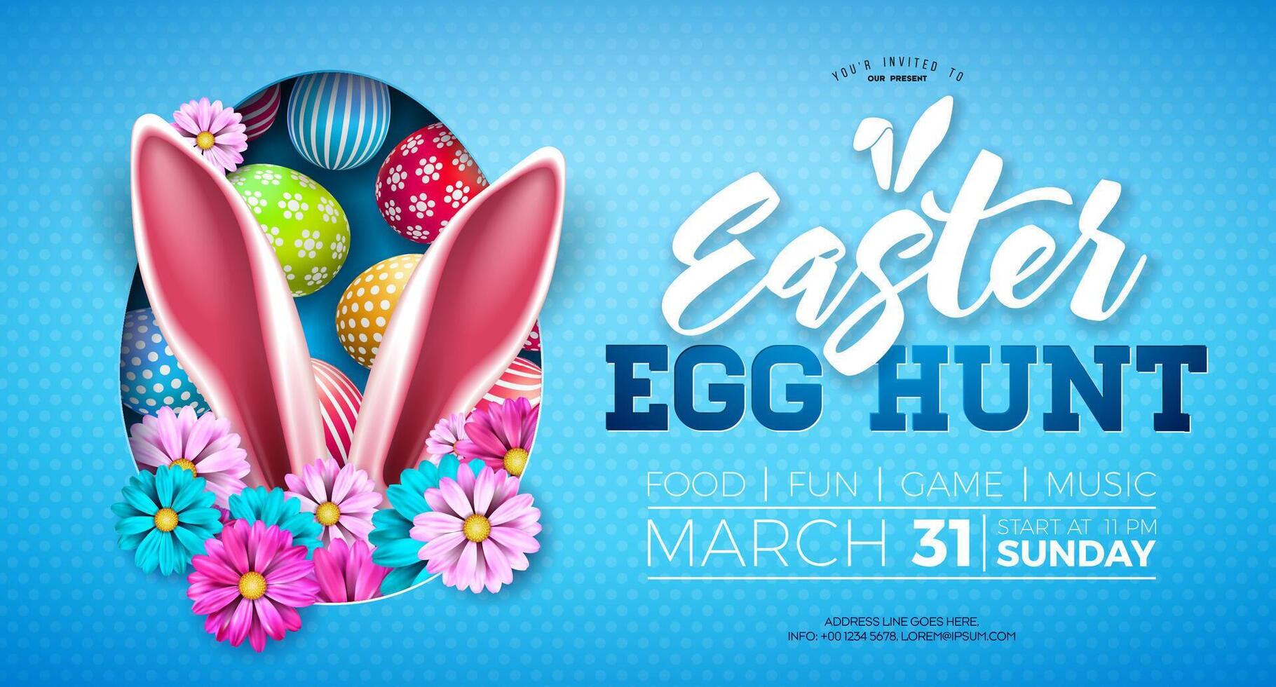 Easter Egg Hunt Illustration with painted eggs and flowers on nature blue background. Vector Spring holiday Party Flyer celebration poster design template for banner, invitation or greeting card.