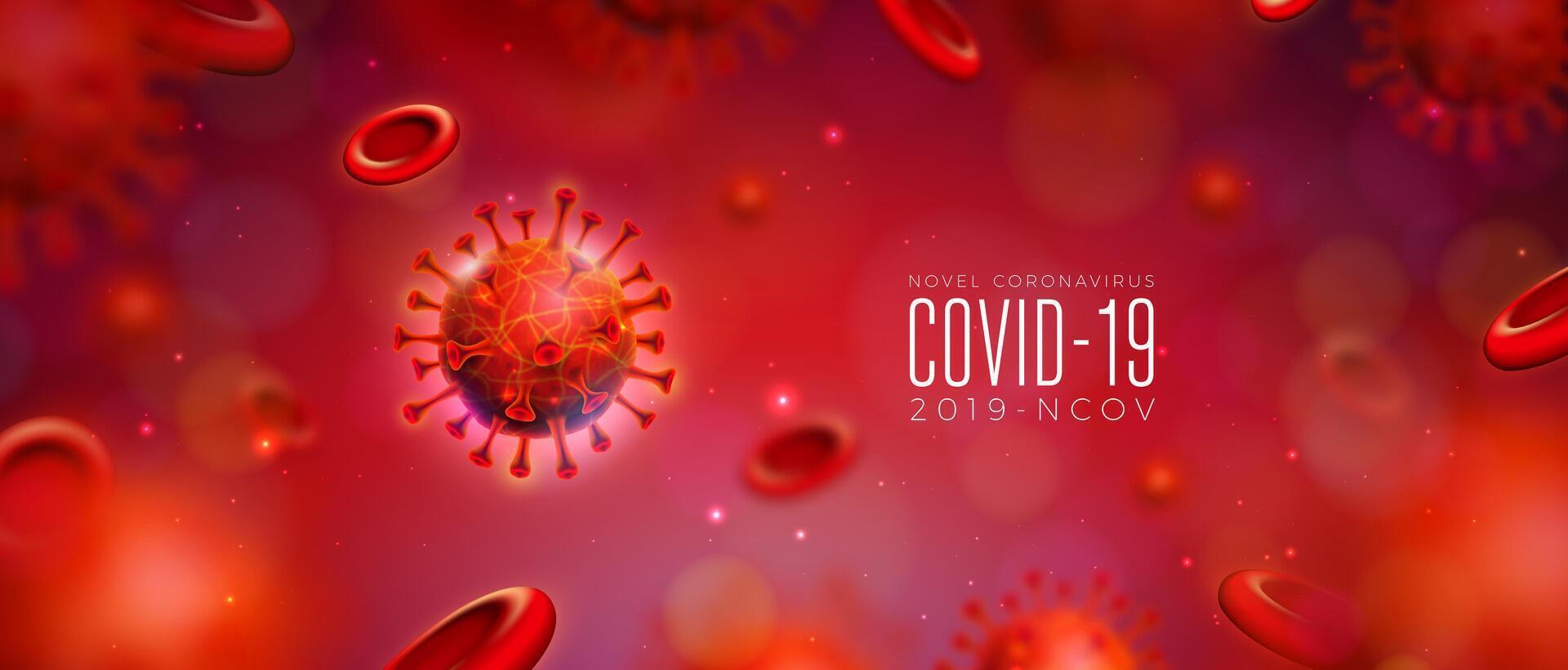 COVID-19. coronavirus brote diseño con virus y sangre célula en microscópico ver en resumen antecedentes. vector 2019-ncov corona virus ilustración en peligroso sars epidemia tema para bandera.