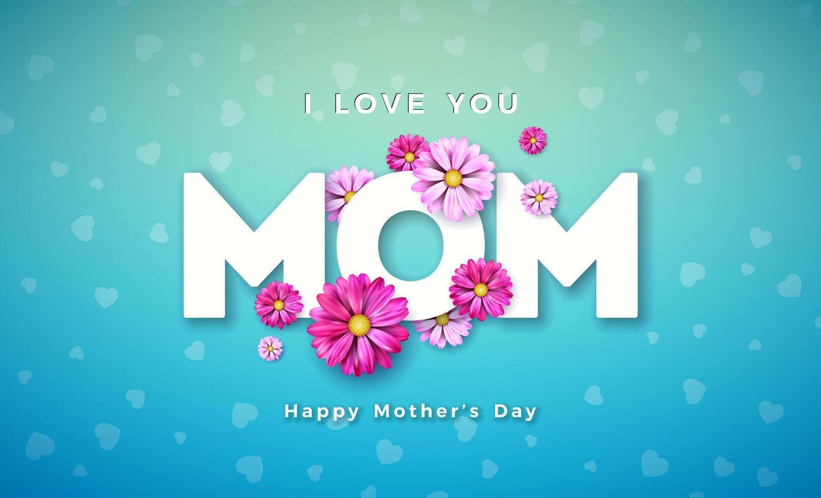 Happy Mother's Day Greeting Card Design with Flower and Typography Letter on Blue Background. Vector Celebration Illustration Template for Banner, Flyer, Invitation, Brochure, Poster.