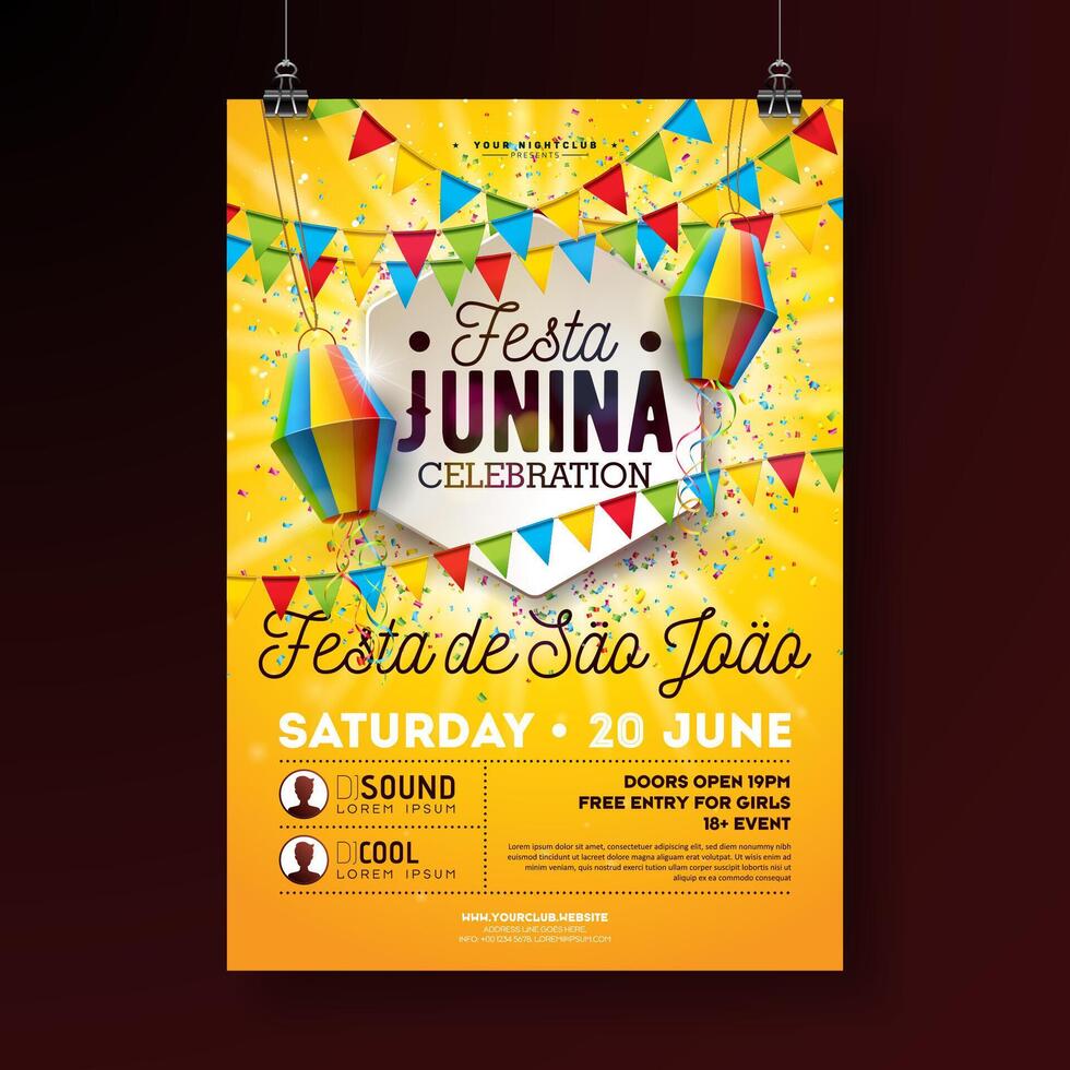 festa junina fiesta volantes ilustración con tipografía diseño. banderas, papel linterna y papel picado en amarillo antecedentes. vector Brasil junio festival diseño para invitación o fiesta celebracion póster.