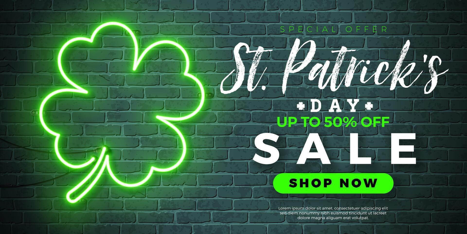 Saint Patrick's Day Sale Banner Illustration with Glowing Clover Leaves Shape Neon Lights on Brick Wall Background. Irish Traditional St. Patricks Day Lucky Celebration Vector Design for Coupon