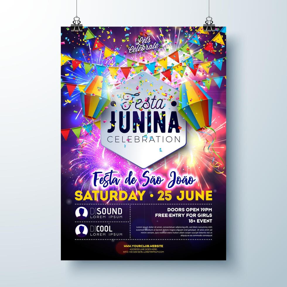 festa junina fiesta volantes ilustración con banderas y papel linterna en Fuegos artificiales antecedentes. vector Brasil junio sao joao festival diseño para bandera, invitación o fiesta celebracion póster.