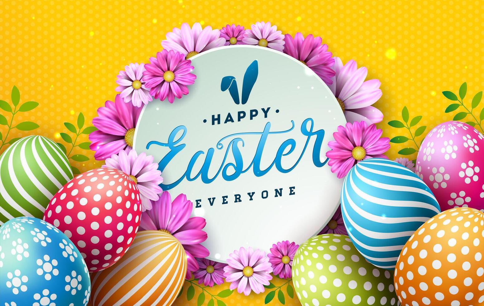 Happy Easter Illustration with Colorful Painted Egg and Spring Flower on Yellow Background. Vector Easter Day Celebration Design for Flyer, Greeting Card, Banner, Holiday Poster or Party Invitation.