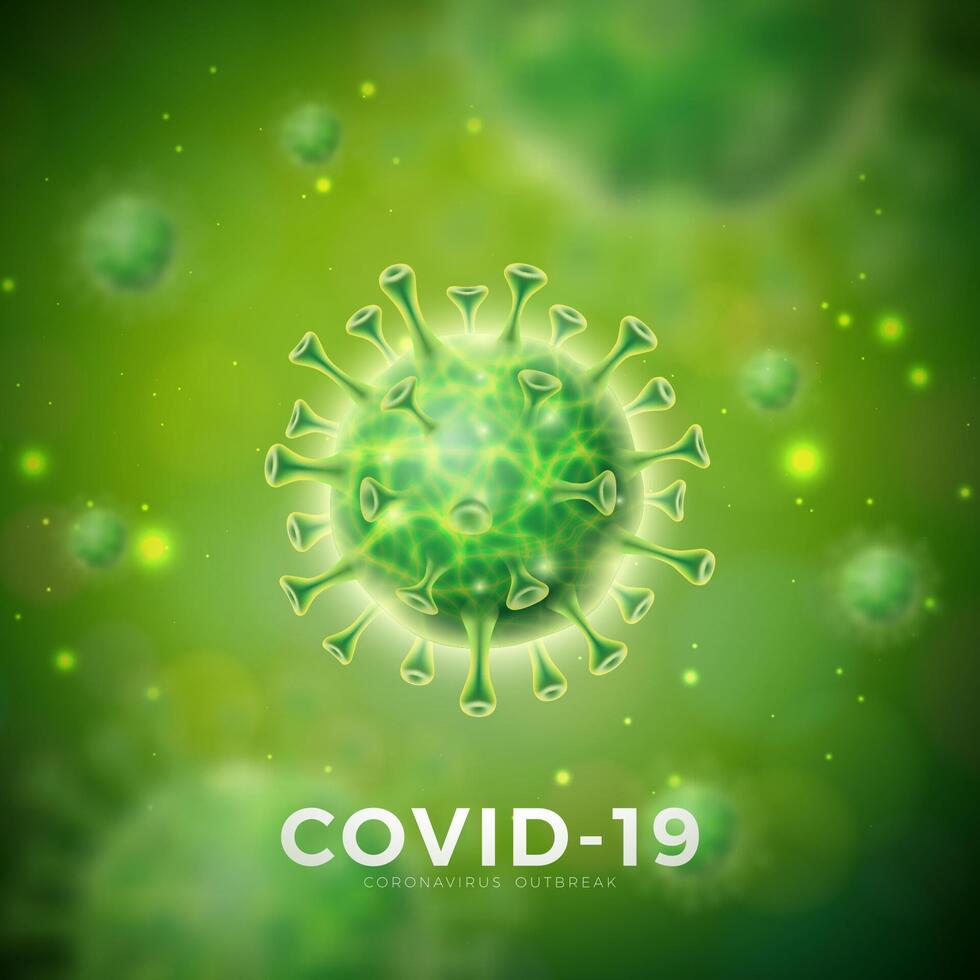 COVID-19. coronavirus brote diseño con virus célula en microscópico ver en verde antecedentes. vector ilustración modelo en peligroso sars epidemia tema para promocional bandera o volantes.