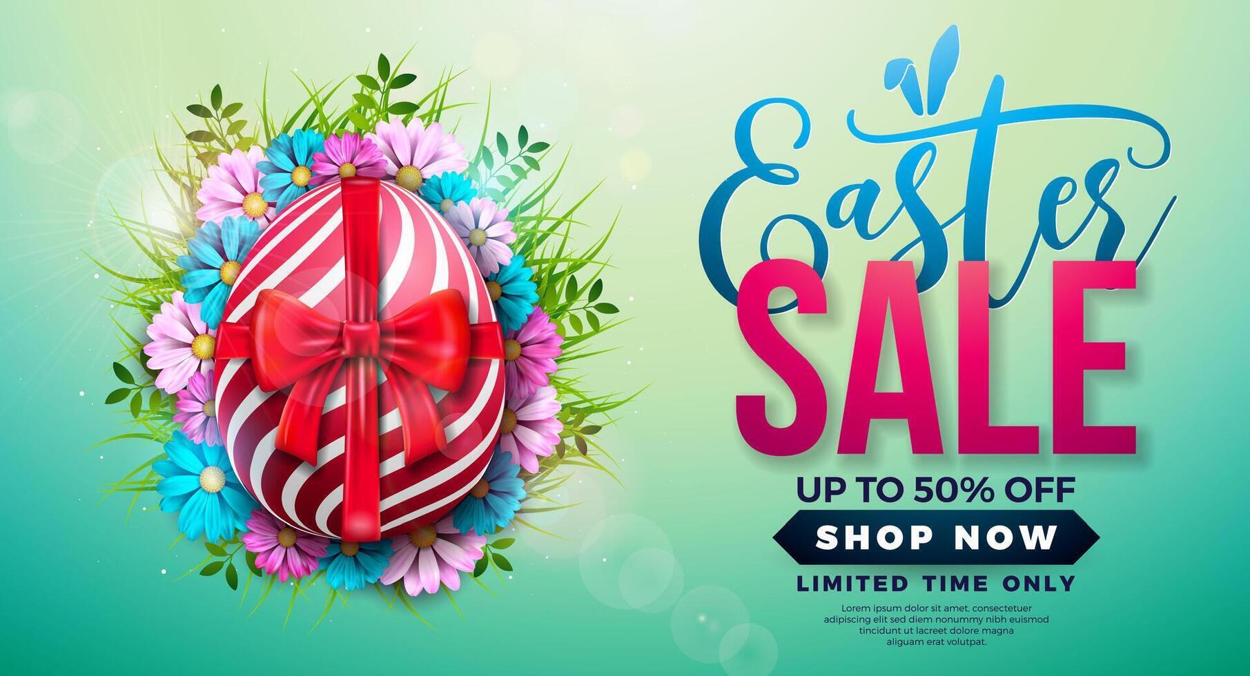Easter Sale Illustration with Painted Egg, Red Bow and Spring Flower on Shiny Light Background.. Vector Easter Holiday Design Template for Coupon, Banner, Voucher or Promotional Poster.