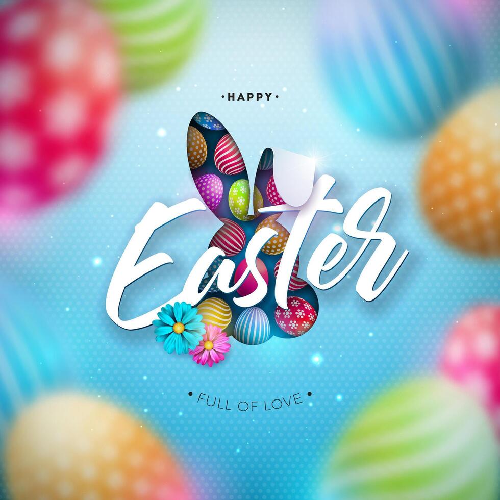 Happy Easter Holiday Design with Flower, Blurred Painted Egg and Rabbit Ears on Blue Background. Vector Illustration of International Religious Celebration with Typography for Greeting Card or Banner.