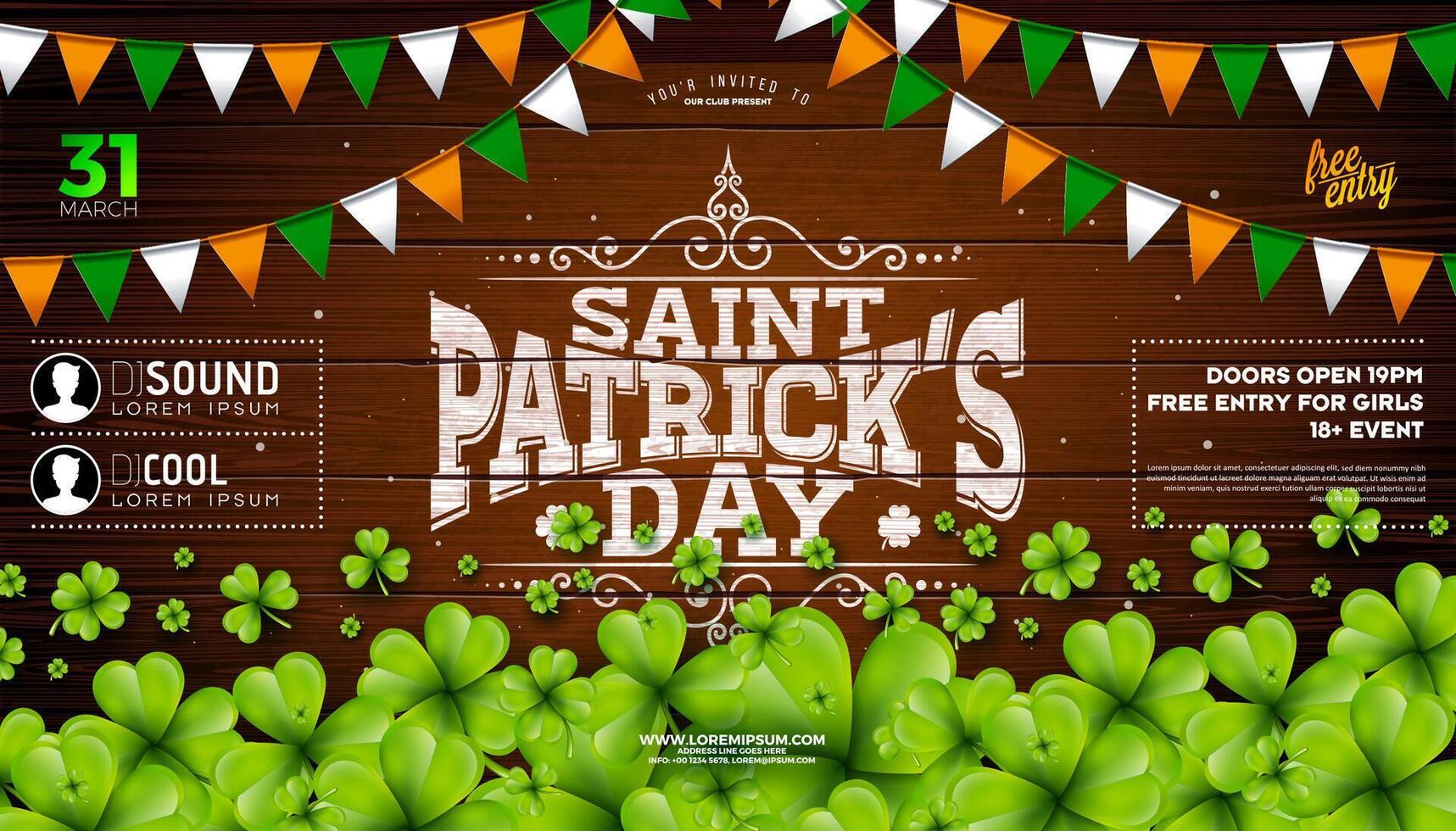 Saint Patrick's Day Party Flyer Illustration with Falling Clover Leaves and Flag on Vintage Wood Background. Irish Traditional St. Patricks Day Lucky Celebration Vector Design for Flyer, Greeting Card