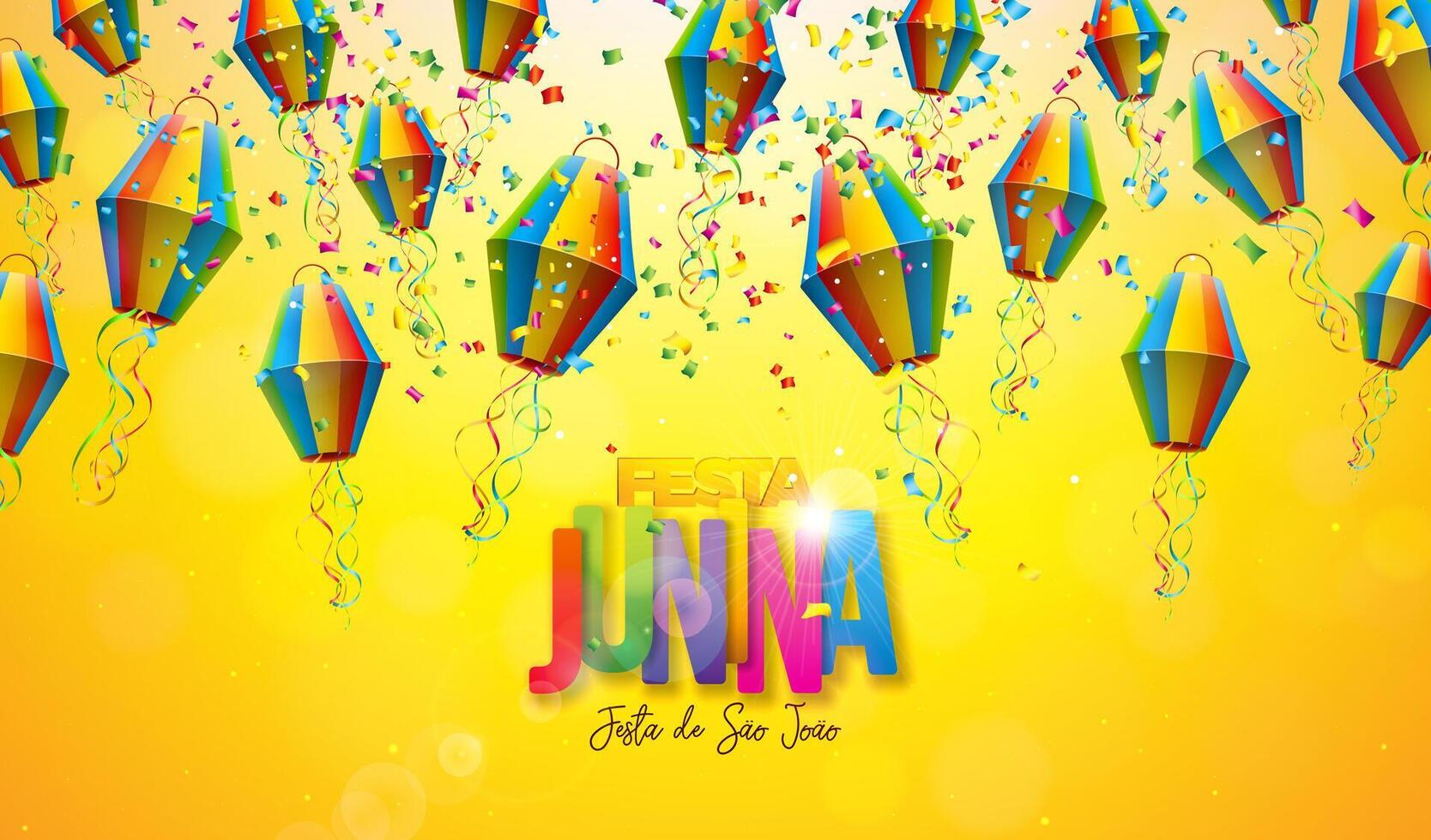 Festa Junina Illustration with Paper Lantern and Falling Confetti on Yellow Background. Vector Brazil June Saint John Festival Design for Greeting Card, Banner, Invitation or Holiday Poster.