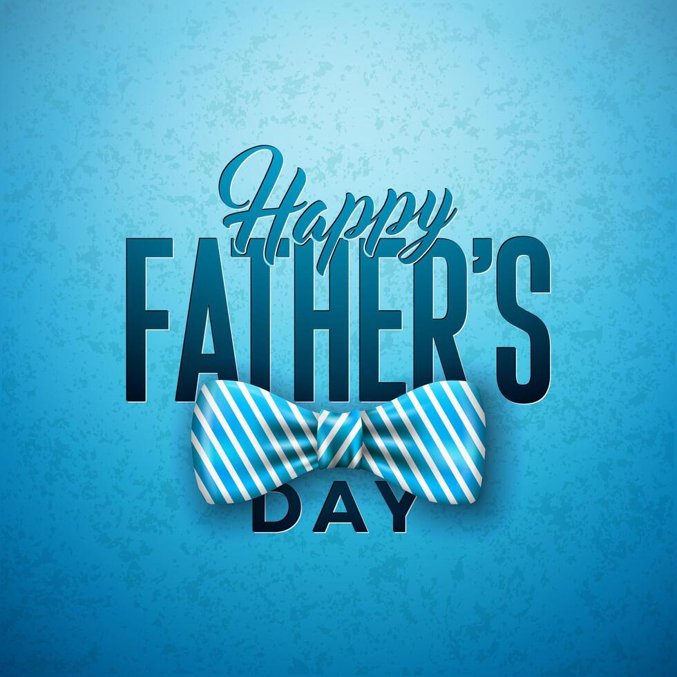 Happy Father's Day Greeting Card Design with Sriped Bow Tie and Typography Letter on Blue Background. Vector Celebration Illustration for Dad. Template for Banner, Flyer, Invitation, Brochure, Poster.