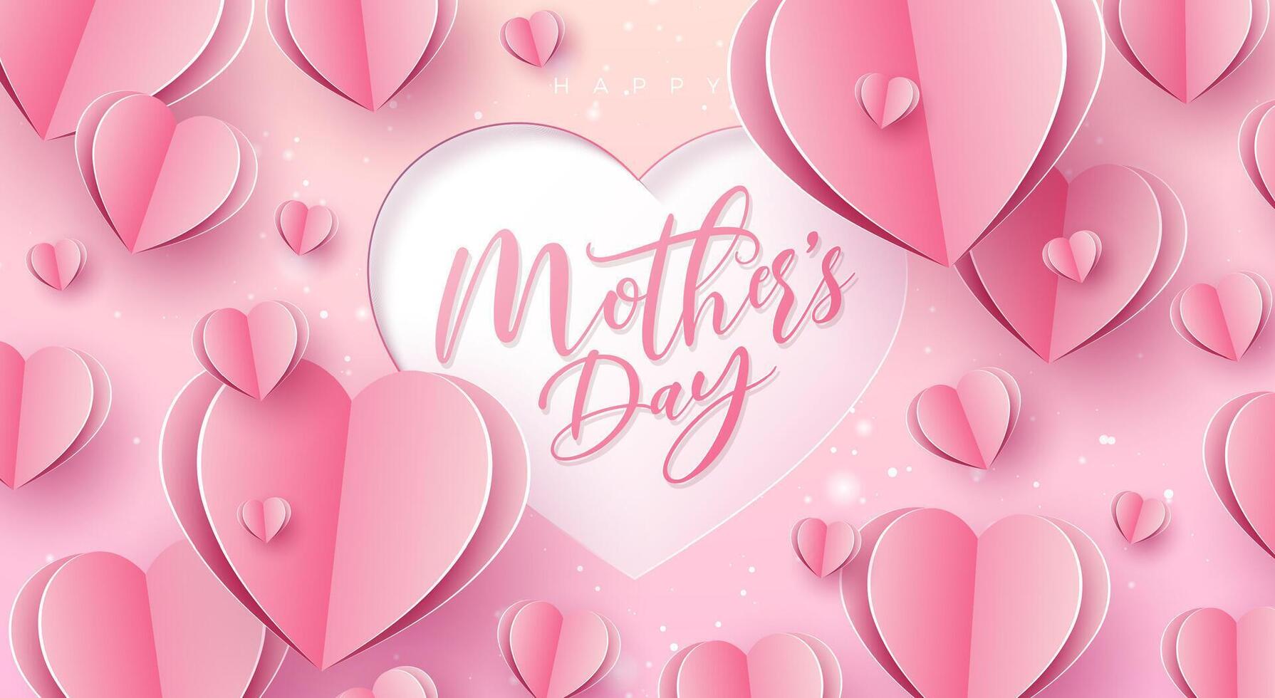 Happy Mother's Day Banner or Postcard with Paper Hearts and Typography Letter on Pink Background. Vector Mom Celebration Design with Symbol of Love for Greeting Card, Flyer, Invitation, Brochure