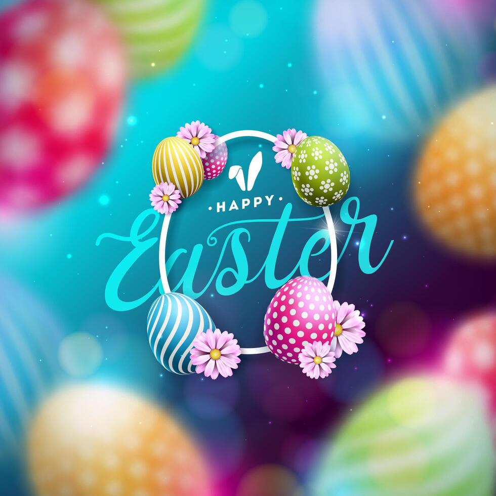 Happy Easter Holiday Design with Flower, Blurred Painted Egg and Rabbit Ears on Blue Background. Vector Illustration of International Religious Celebration with Typography for Greeting Card or Banner.