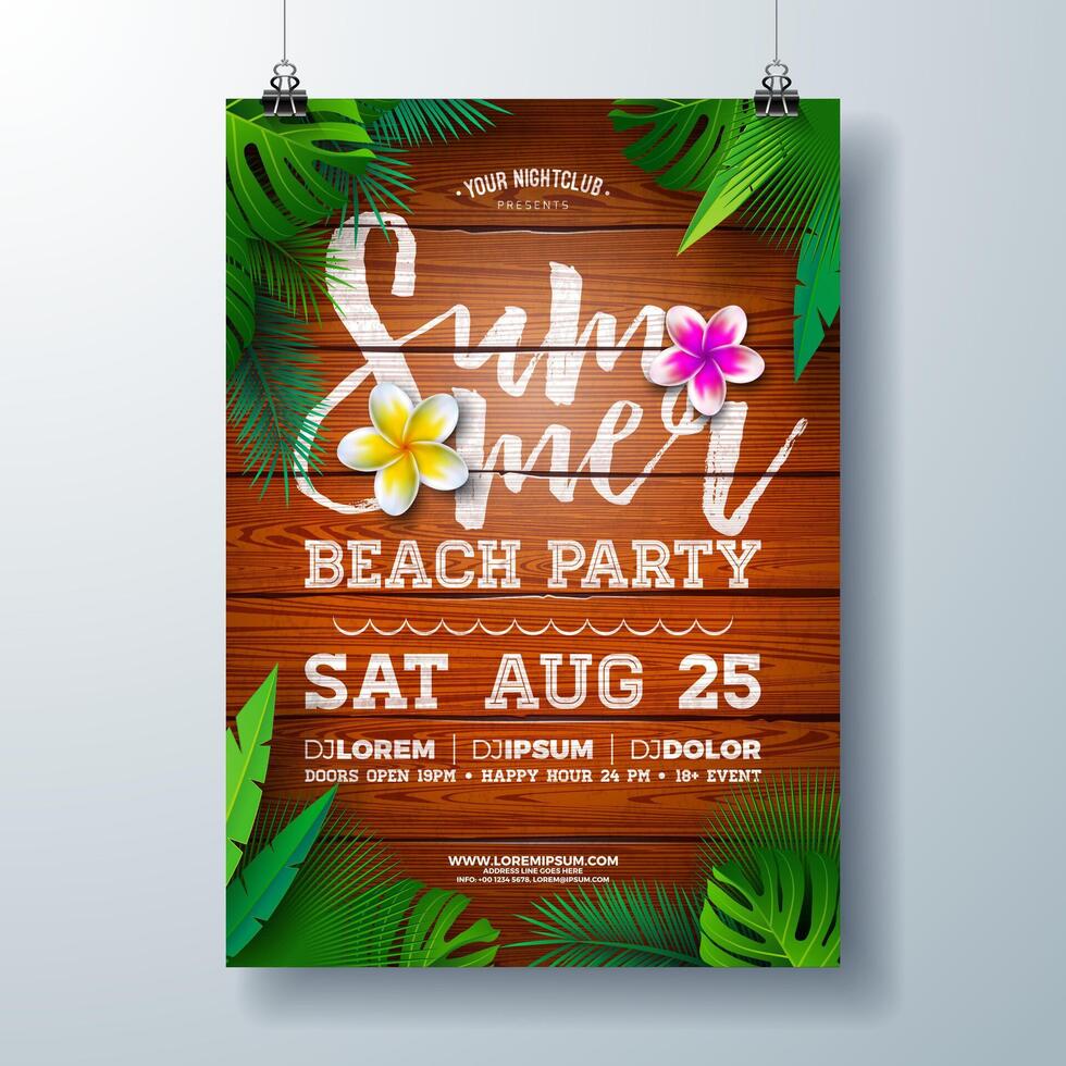 Vector Summer Beach Party Flyer Design with Flower and Palm Leaves on Vintage Wood Background. Summer Holiday Illustration with Vintage Wood Board, Tropical Plants and Cloudy Sky for Celebration
