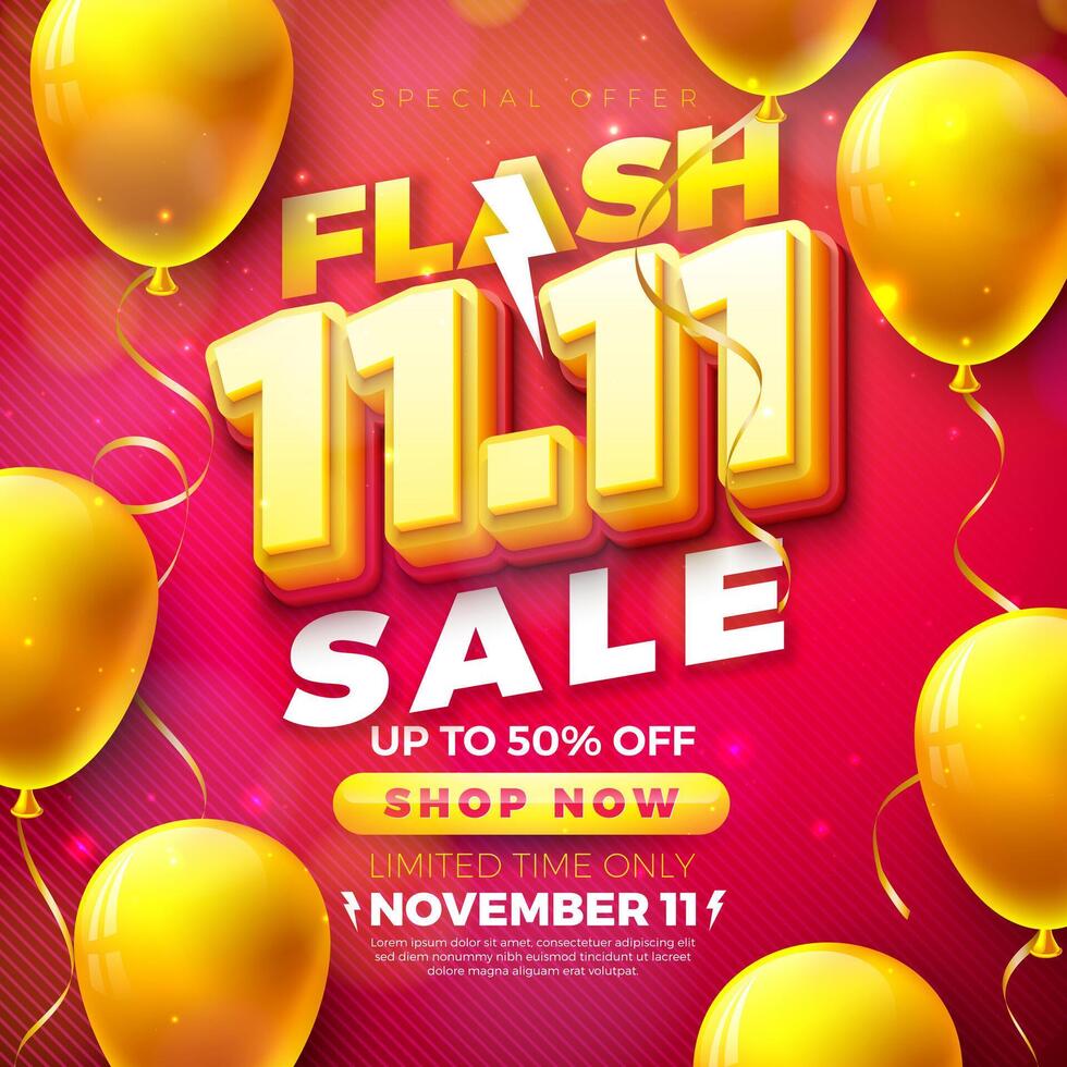Shopping Day Flash Sale Design with 3d 11.11 Number and Party Balloon on Red Background. Vector 11 November Special Offer Illustration for Coupon, Voucher, Banner, Flyer, Promotional Poster