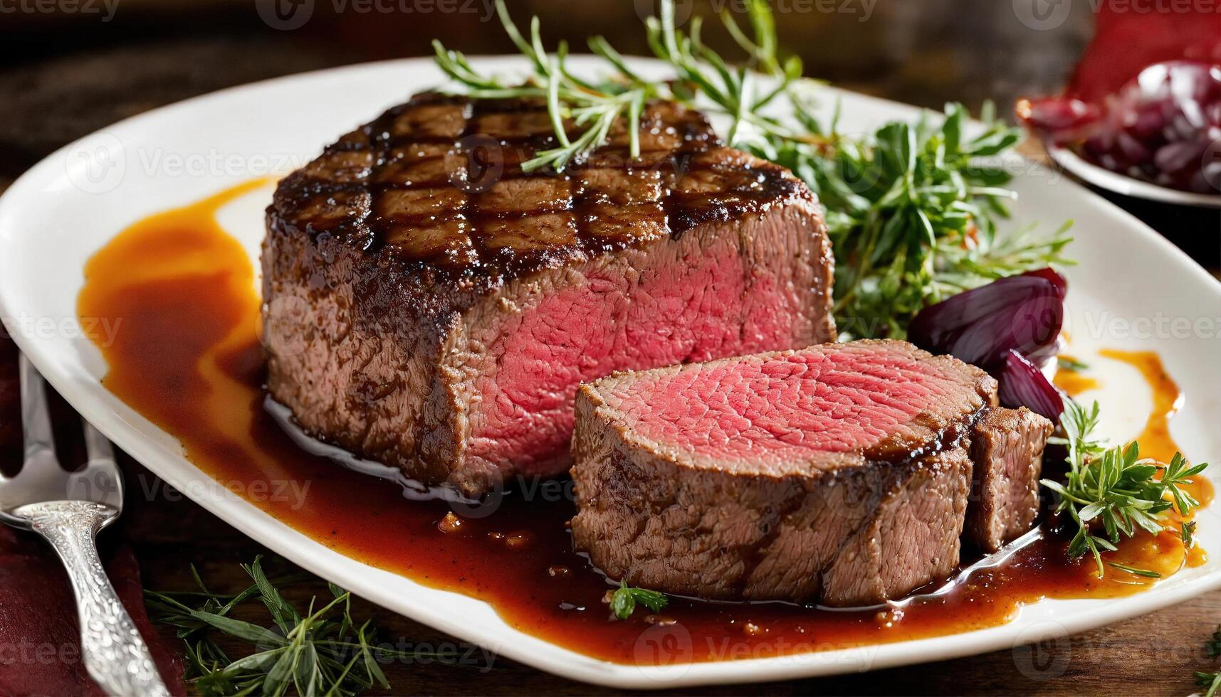 AI generated Beef steaks with asparagus and balsamic vinegar. ai generative photo
