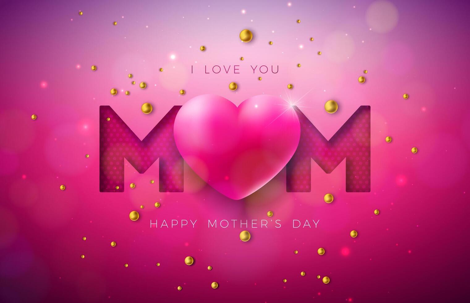 I Love You Mom. Happy Mother's Day Greeting Card Design with Heart and Pearl on Red Background. Vector Celebration Illustration Template for Banner, Flyer, Invitation, Brochure, Poster.
