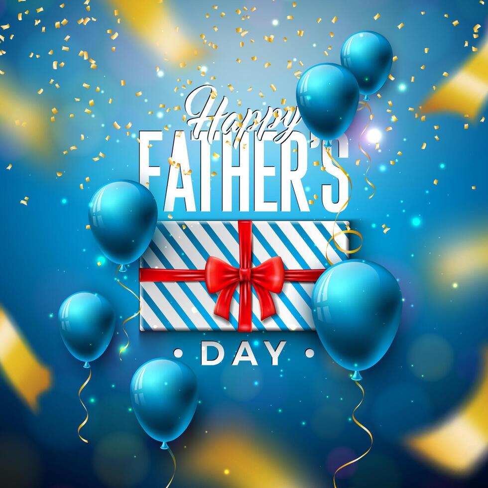 Happy Father's Day Greeting Card Design with Gift Box and Falling Confetti on Shiny Blue Background. Vector Celebration Illustration for Dad. Template for Banner, Flyer, Invitation, Brochure, Poster.