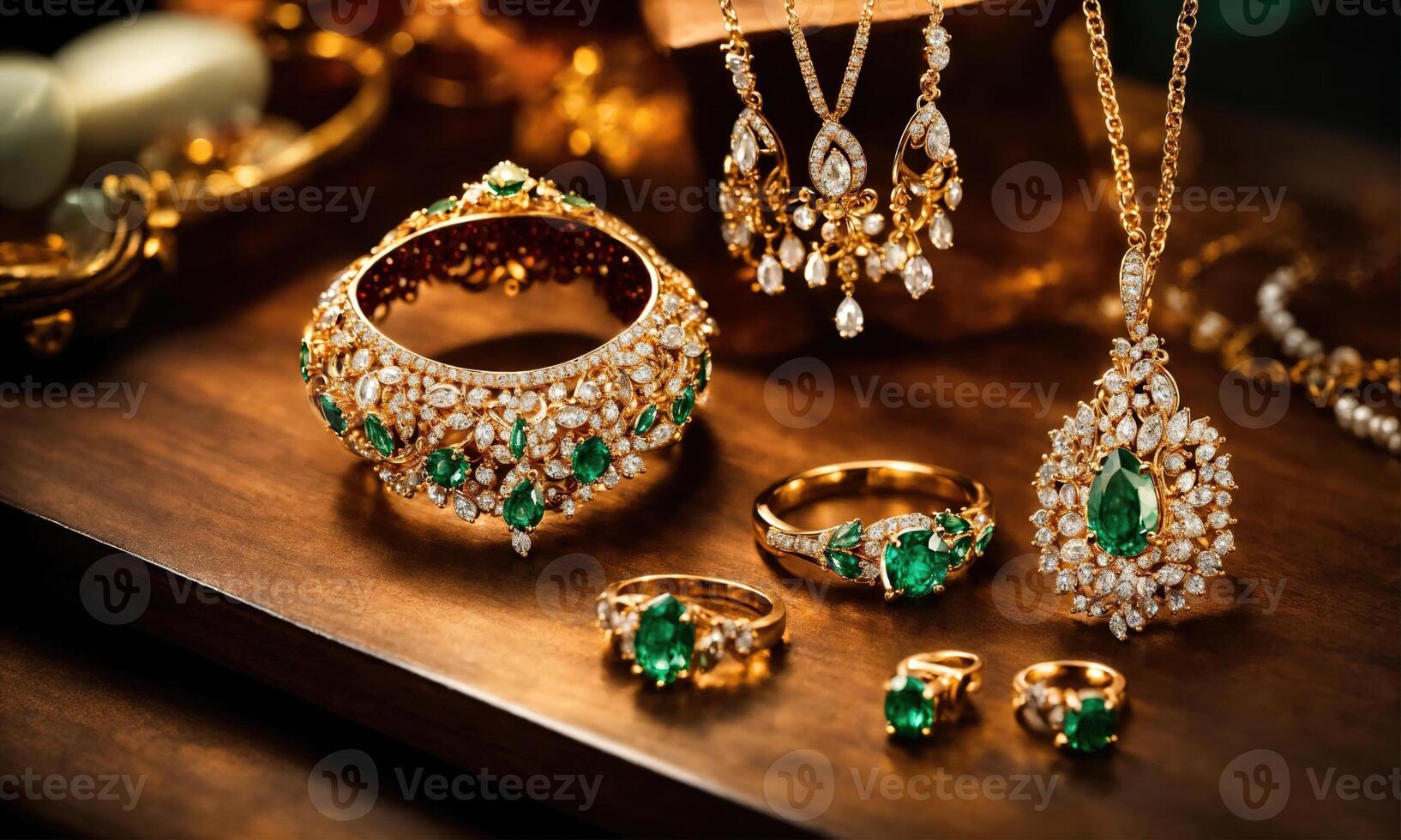 AI generated jewelry diamond ring on wooden table with bokeh background. ai generative photo