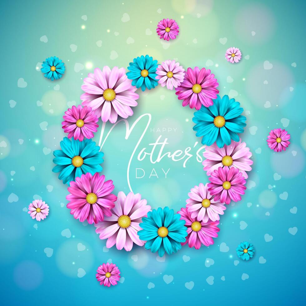 Happy Mother's Day Greeting Card Design with Flower and Typography Letter on Blue Background. Vector Celebration Illustration Template for Banner, Flyer, Invitation, Brochure, Poster.