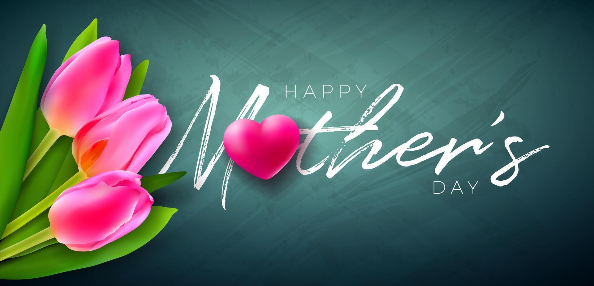 Happy Mother's Day Greeting Card Design with Spring Tulip Flower and Red Heart on Chalkboard Background. Vector Mothers Day Illustration Template for Banner, Flyer, Invitation, Brochure, Poster.