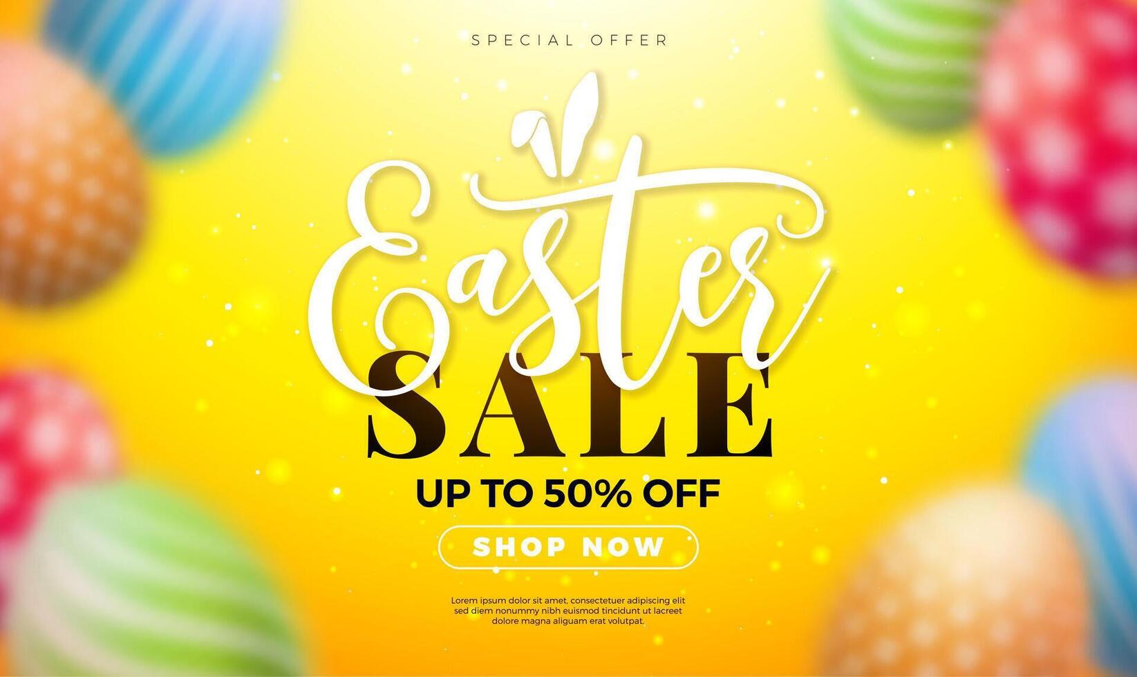 Easter Sale Illustration with Blurred Colorful Painted Egg and and Typography Lettering with Rabbit Ears on Sun Yellow Background. Vector Religion Holiday Celebration Promotional Banner Design