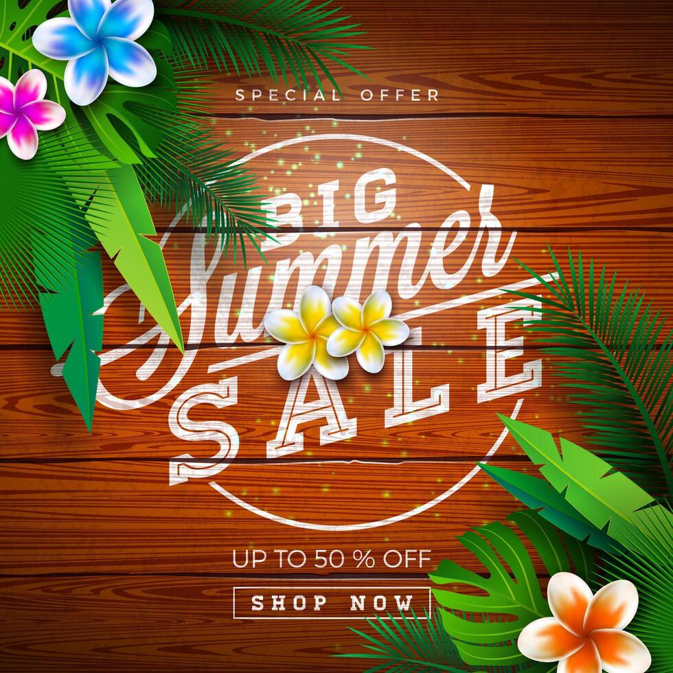 Big Summer Sale Design with Typography Letter and Exotic Palm Leaves on Vintage Wood Background. Tropical Vector Special Offer Illustration with Coupon, Voucher, Banner, Flyer, Promotional Poster