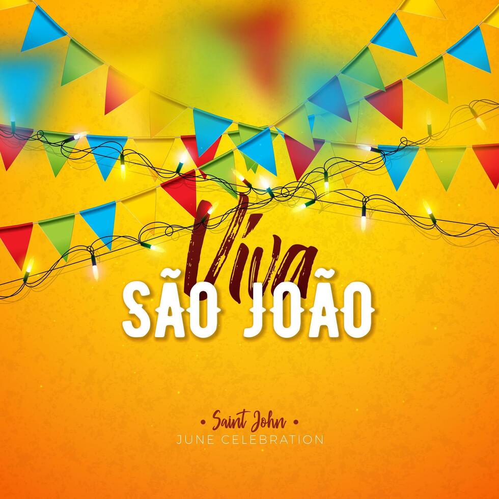 festa junina ilustración con fiesta banderas y papel linterna en amarillo antecedentes. vector Brasil junio sao joao festival diseño con 3d letras para saludo tarjeta, bandera, invitación o fiesta póster