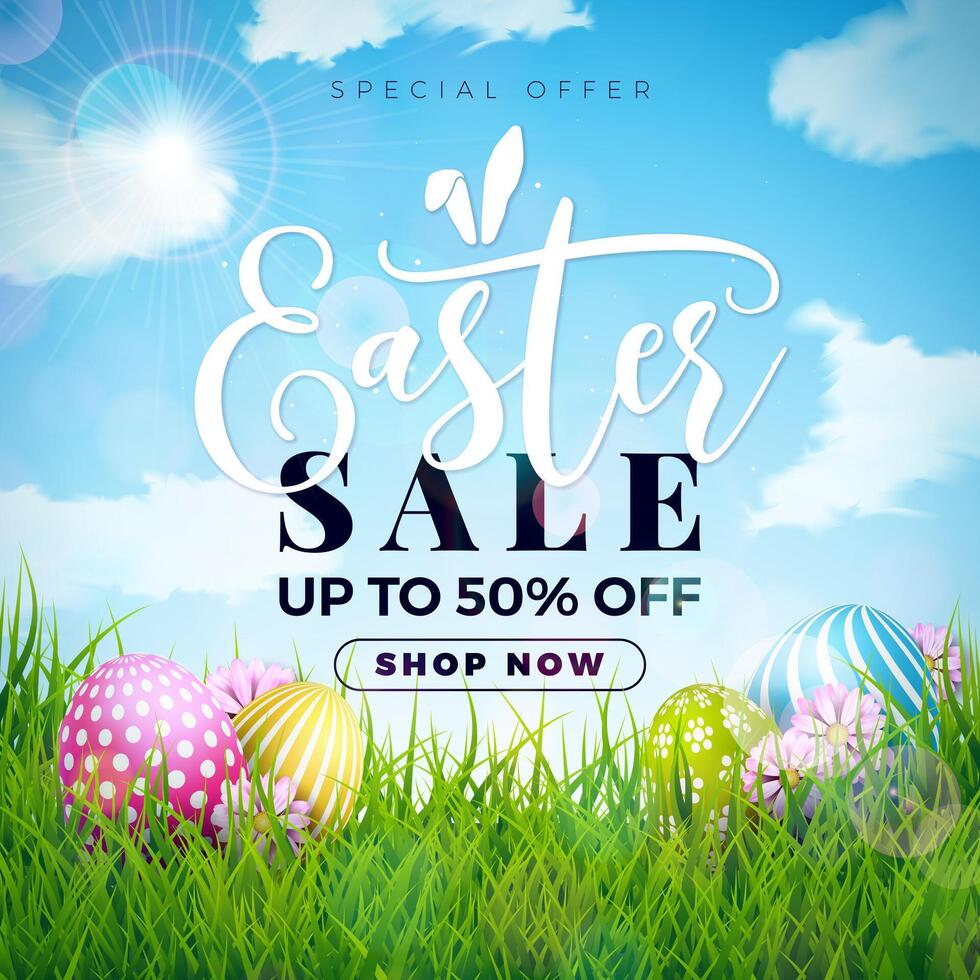Easter Sale Illustration with Colorful Painted Egg, Spring Flower and Green Grass on Blue Cloudy Sky Background. Vector Religion Holiday Celebration Banner Design Template for Coupon, Banner, Voucher