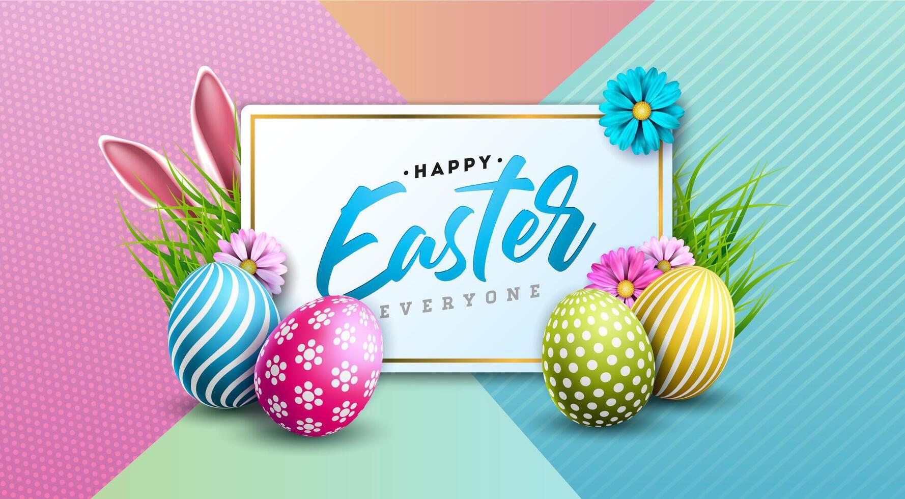 Vector Illustration of Happy Easter Holiday with Flower, Painted Egg and Rabbit Ears on Colorful Background. International Religious Celebration Design with Typography Letter for Greeting Card or
