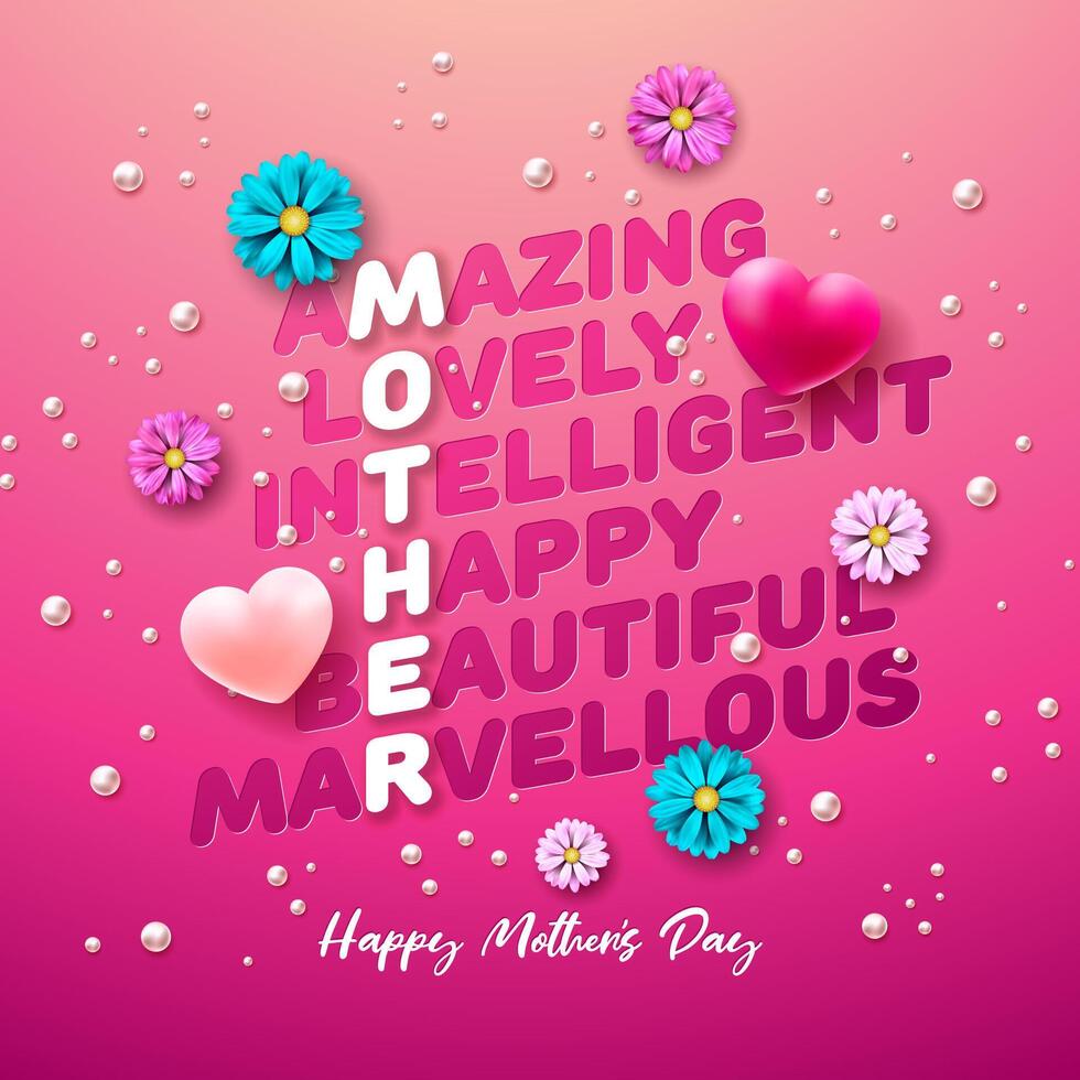 Happy Mother's Day Greeting Card Design with Features Quote, Loving Heart and Spring Flower on Pink Background. Vector Mothers Day Illustration for Banner, Flyer, Invitation, Brochure or Poster.