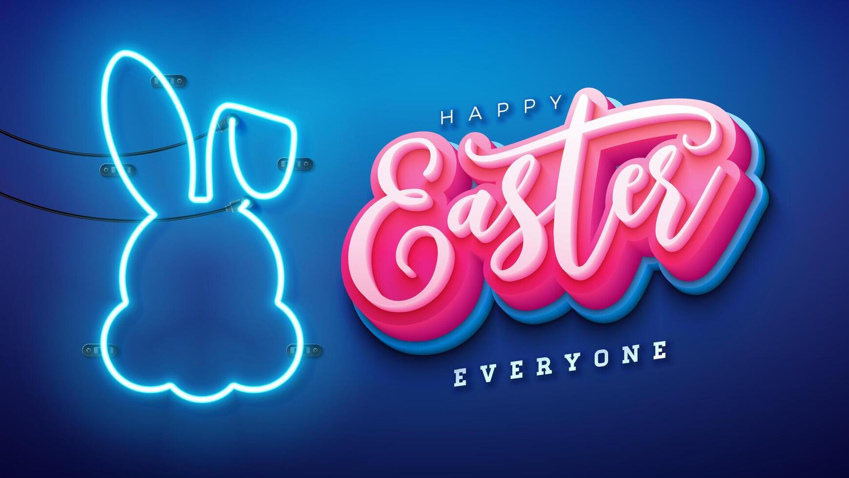 Happy Easter Illustration with Glowing Neon Light and 3d Typography Letter on Blue Background. Vector Easter Day Holiday Design for Flyer, Greeting Card, Banner, Holiday Poster or Party Invitation.