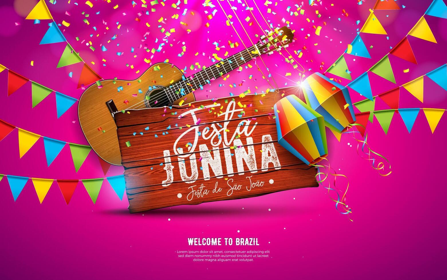 festa junina ilustración con acústico guitarra, fiesta banderas y papel linterna en amarillo antecedentes. tipografía en Clásico madera mesa. vector Brasil junio festival diseño para saludo tarjeta, invitación