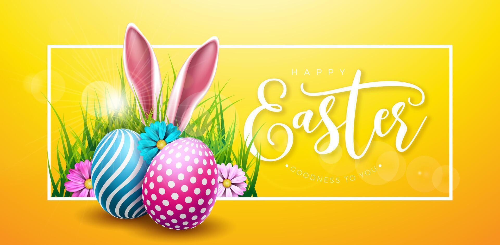 Vector Illustration of Happy Easter Holiday with Flower, Painted Egg and Rabbit Ears on Sun Yellow Background. International Religious Celebration Design with Typography Letter for Greeting Card or