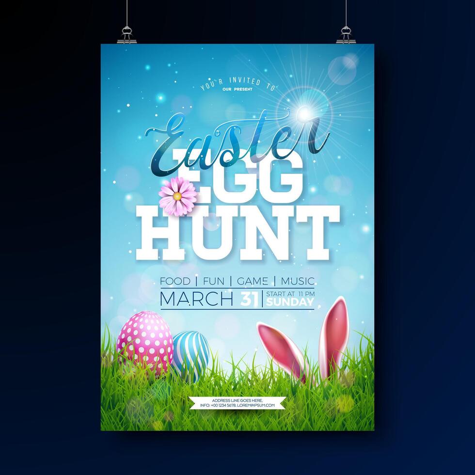 Easter Egg Hunt Illustration with painted eggs and flowers on nature blue background. Vector Spring holiday Party Flyer celebration poster design template for banner, invitation or greeting card.