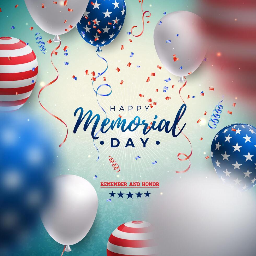 Memorial Day of the USA Vector Design Template with American Flag Air Balloon and Falling Confetti on Shiny Blue Background. National Patriotic Celebration Illustration for Banner, Greeting Card