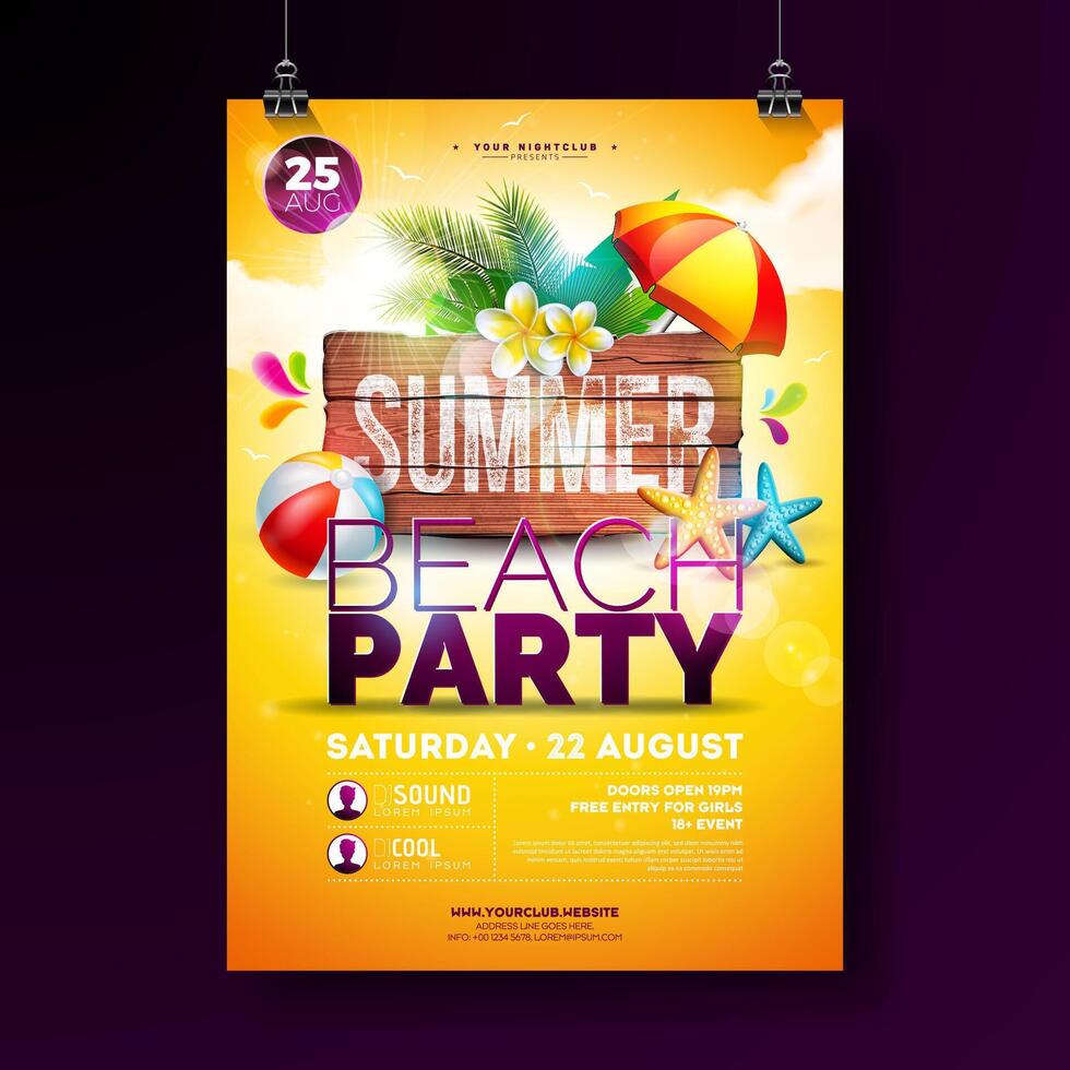 Vector Summer Beach Party Flyer Design with Flower, Palm Leaves, Beach Ball and Starfish on Yellow Background. Summer Holiday Illustration with Vintage Wood Board, Tropical Plants and Cloudy Sky for