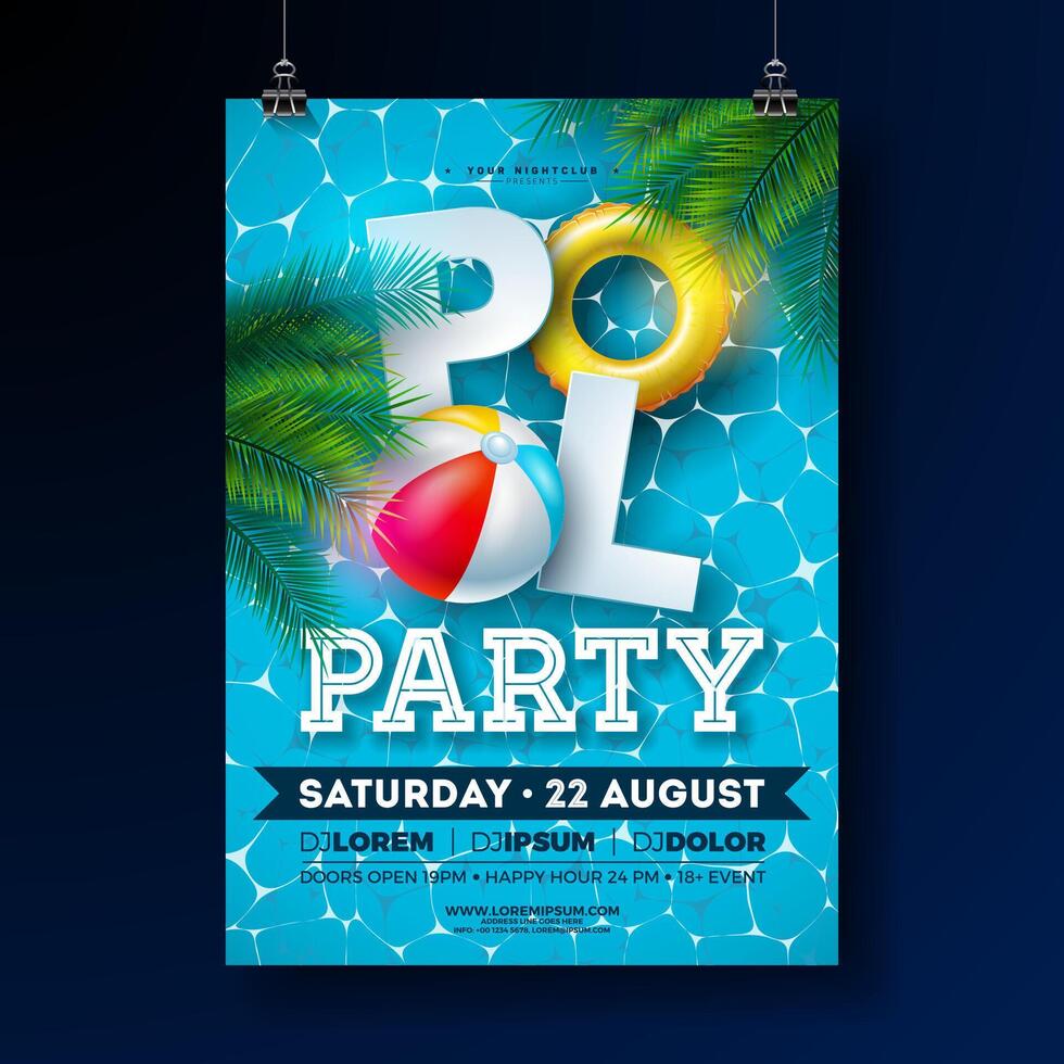 Summer Pool Party Poster Design Template with Palm Leaves, Water Beach Ball and Float on Blue Underwater Ocean Background. Vector Holiday Illustration for Banner, Flyer, Invitation, Poster.