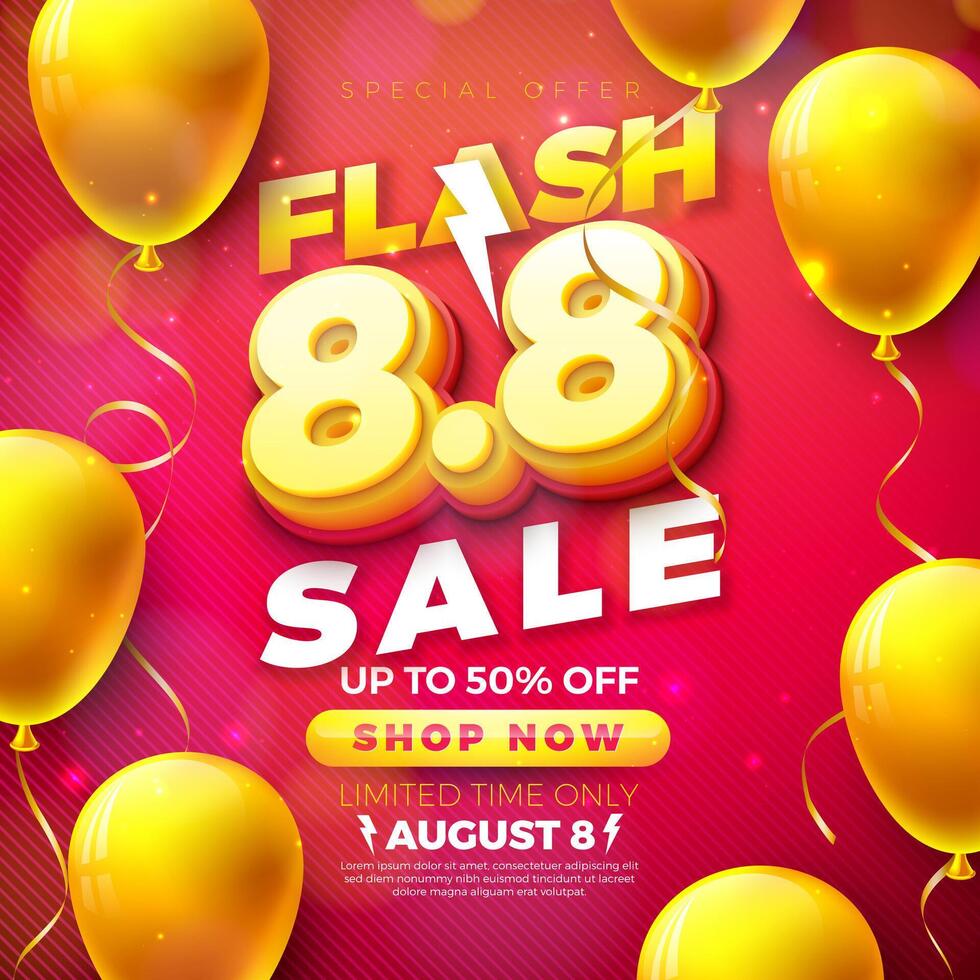 Shopping Day Flash Sale Design with 3d 8.8 Number and Party Balloon on Red Background. Vector 8 August Special Offer Illustration for Coupon, Voucher, Banner, Flyer, Promotional Poster, Invitation or