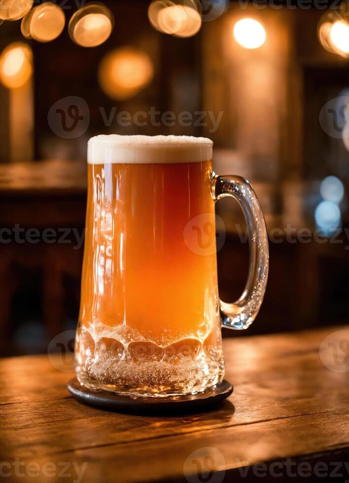 AI generated Mug of beer on a wooden table in a pub or bar. ai generative photo
