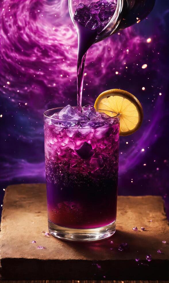 AI generated Purple cocktail with ice on a wooden table. Selective focus. ai generative photo