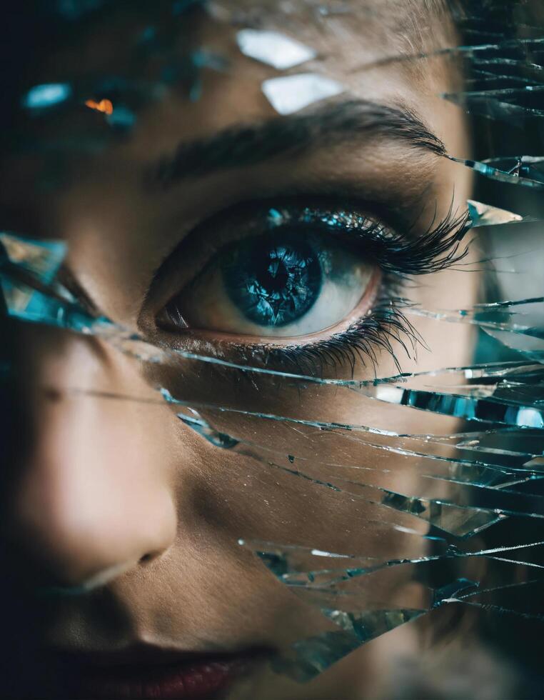 AI generated Close-up of beautiful female eye with broken glass effect. Fantasy image. ai generative photo