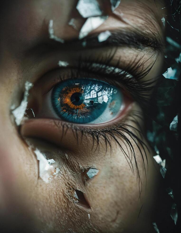 AI generated Close-up of beautiful female eye with broken glass effect. Fantasy image. ai generative photo