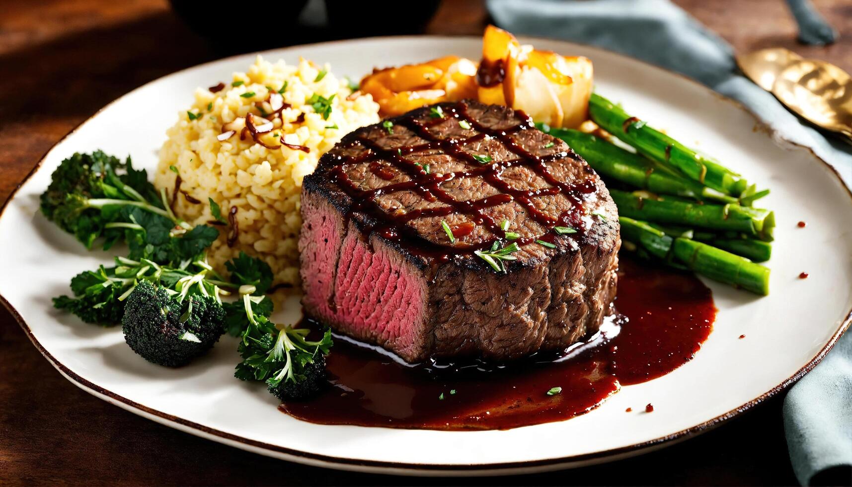 AI generated Beef steaks with asparagus and balsamic vinegar. ai generative photo