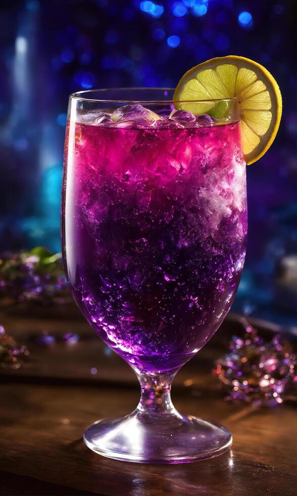 AI generated Purple cocktail with ice on a wooden table. Selective focus. ai generative photo