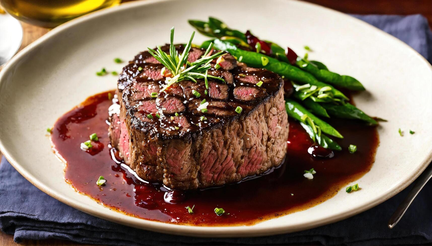 AI generated Beef steaks with asparagus and balsamic vinegar. ai generative photo