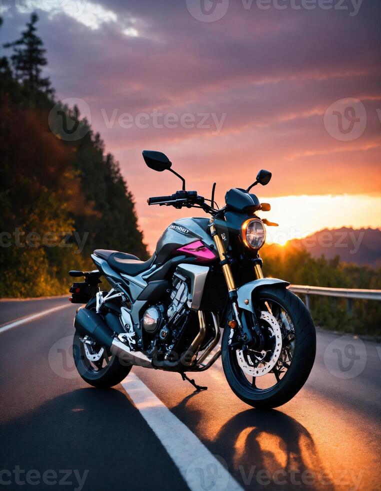 AI generated Motorcyclist riding a motorcycle on a country road at sunset. ai generative photo